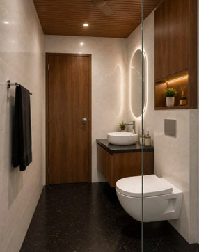 Hallway with wooden panelling and warm lighting