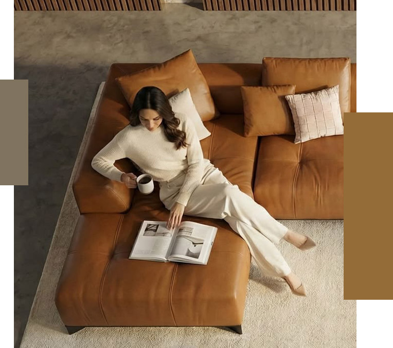 Woman relaxing on a brown sectional sofa reading a book